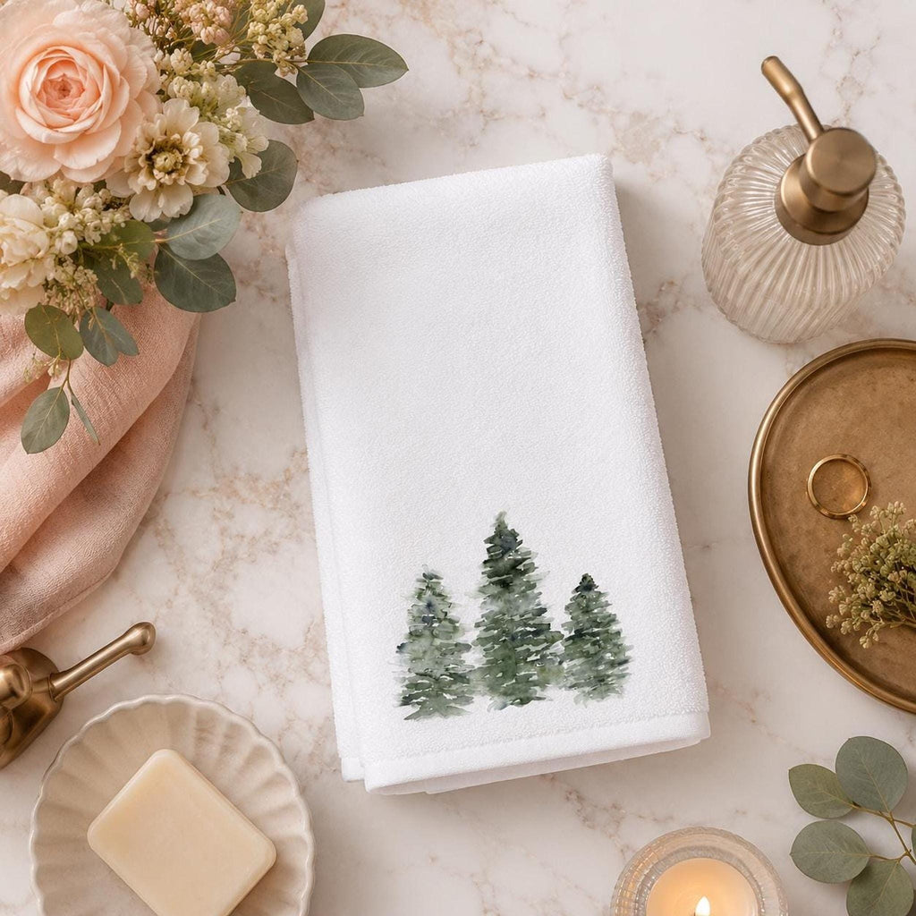 Rustic Greenery Hand Towel, White Pine Tree Decor, Cotton Terry Cloth