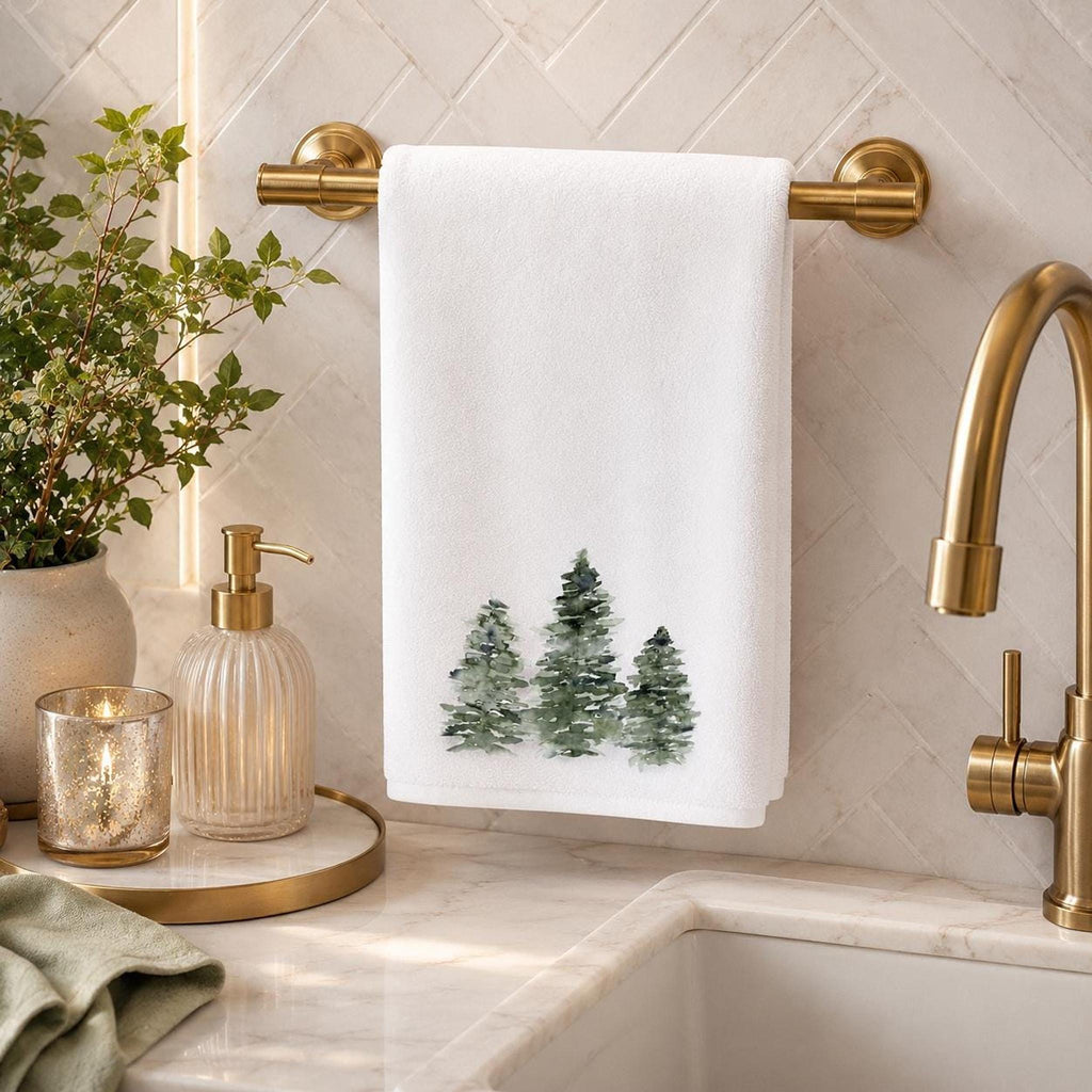 Rustic Greenery Hand Towel, White Pine Tree Decor, Cotton Terry Cloth