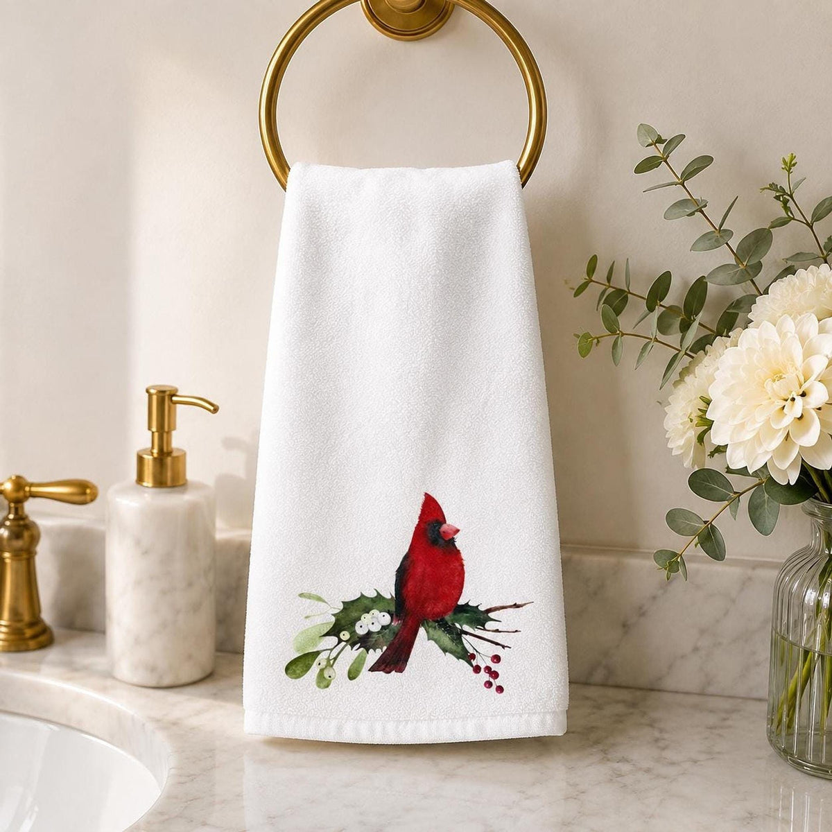 Christmas Hand Towel with Cardinal Design, Sheared Polyester & Cotton Terrycloth