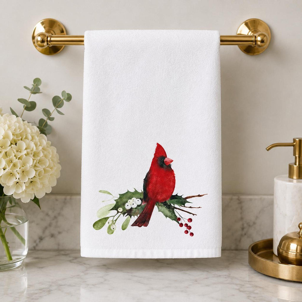 Christmas Hand Towel with Cardinal Design, Sheared Polyester & Cotton Terrycloth