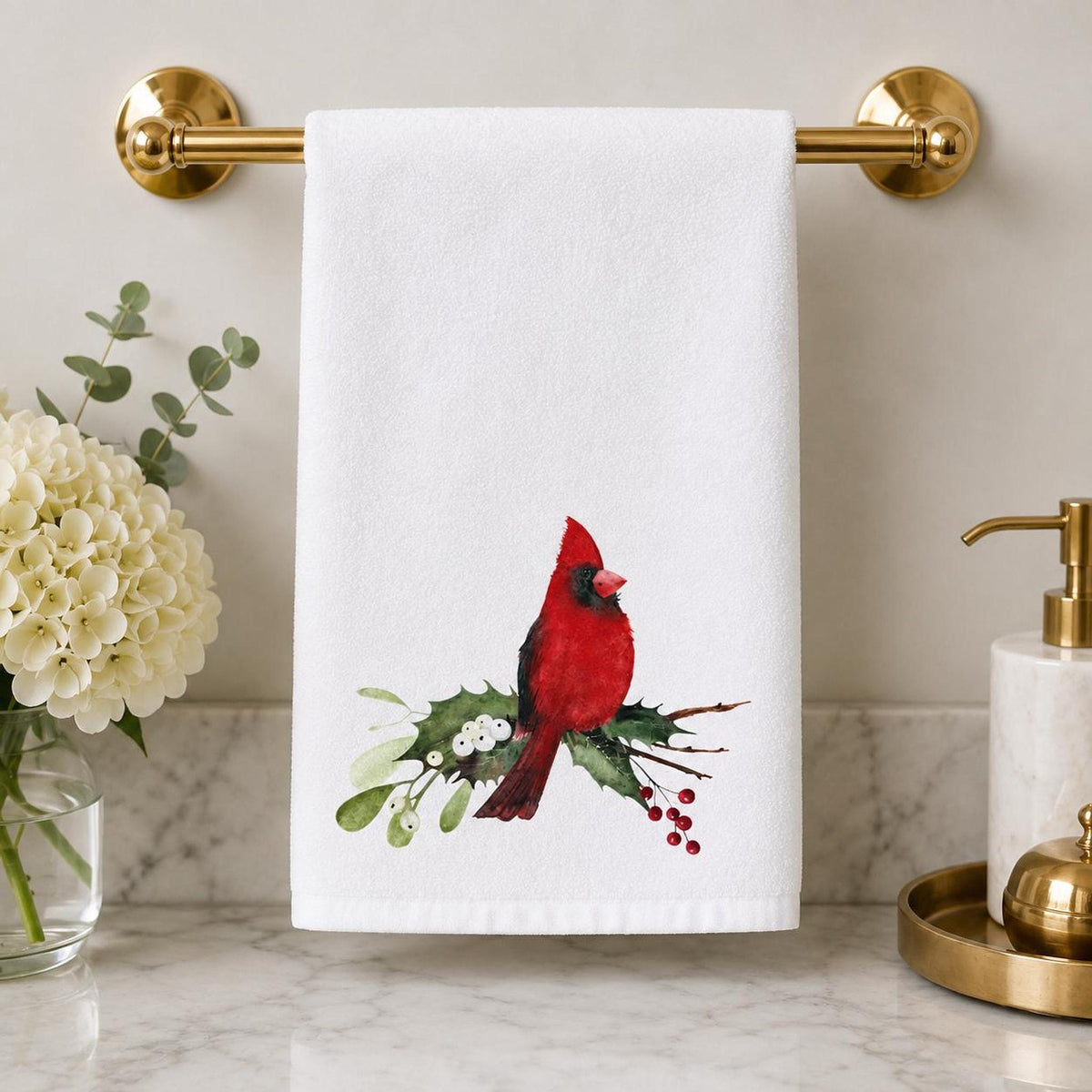 Christmas Hand Towel with Cardinal Design, Sheared Polyester & Cotton Terrycloth