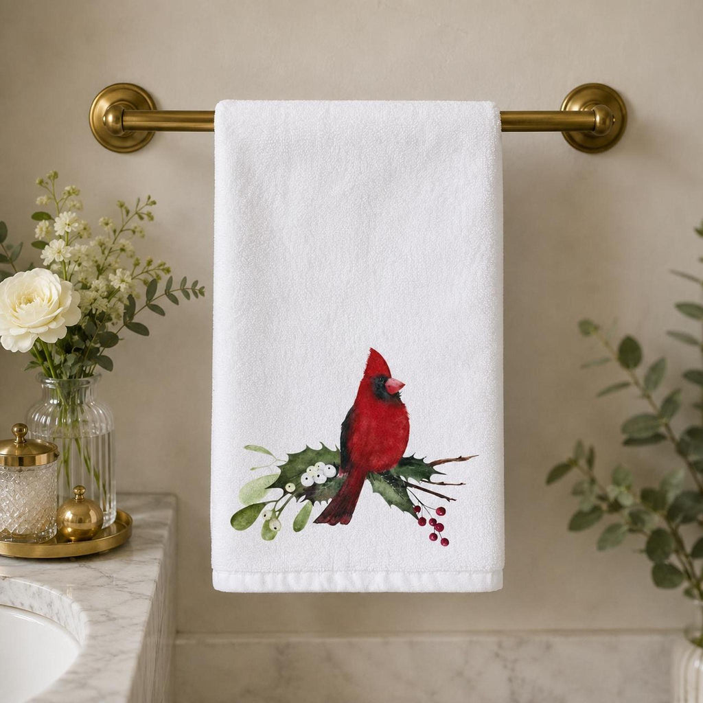Christmas Hand Towel with Cardinal Design, Sheared Polyester & Cotton Terrycloth
