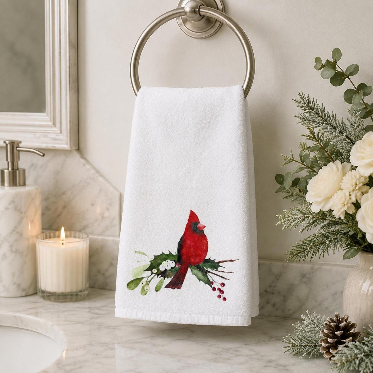 Christmas Hand Towel with Cardinal Design, Sheared Polyester & Cotton Terrycloth