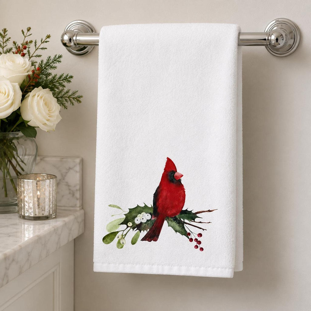 Christmas Hand Towel with Cardinal Design, Sheared Polyester & Cotton Terrycloth
