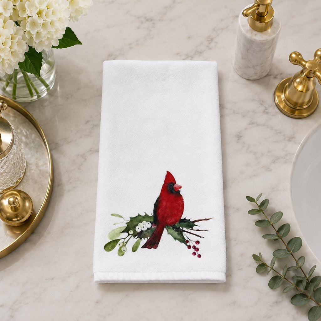Christmas Hand Towel with Cardinal Design, Sheared Polyester & Cotton Terrycloth