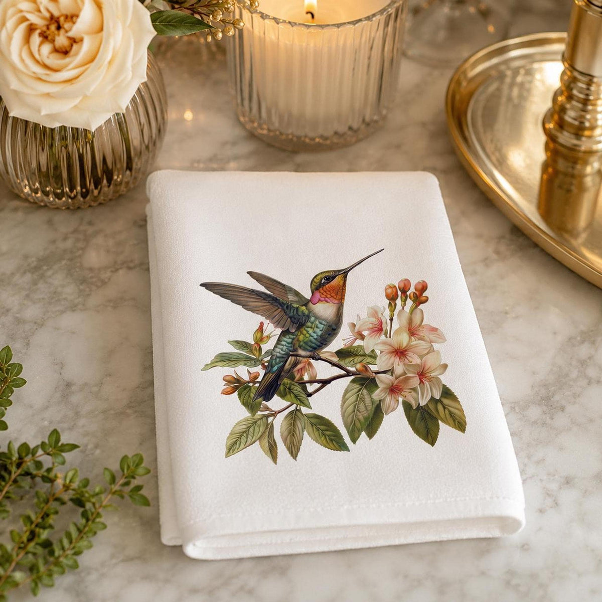 Hummingbird Fingertip Towel, Floral Guest Bath Decor, Botanical Bird Accent, Nature Lover Gift