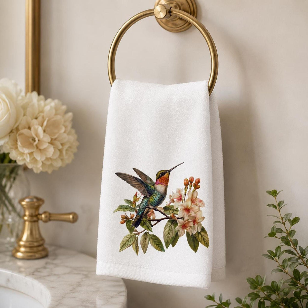 Hummingbird Fingertip Towel, Floral Guest Bath Decor, Botanical Bird Accent, Nature Lover Gift