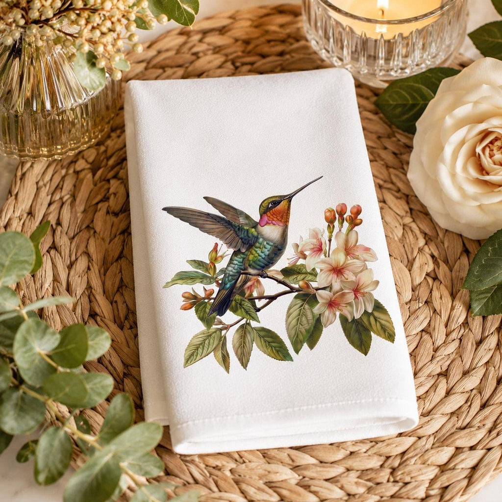Hummingbird Fingertip Towel, Floral Guest Bath Decor, Botanical Bird Accent, Nature Lover Gift