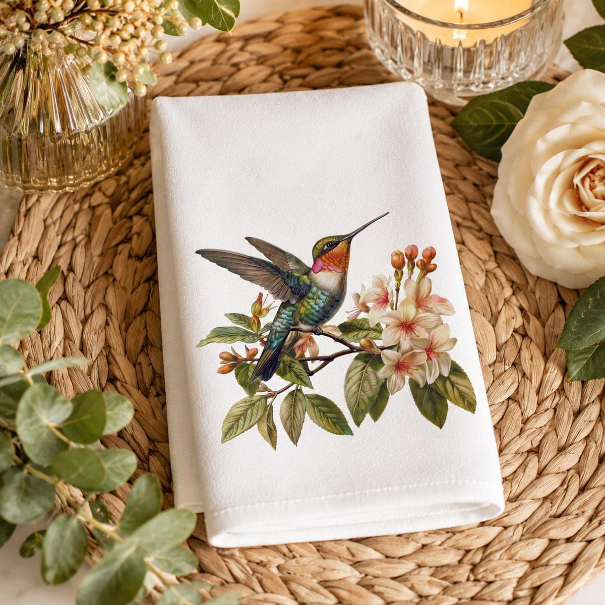Hummingbird Fingertip Towel, Floral Guest Bath Decor, Botanical Bird Accent, Nature Lover Gift