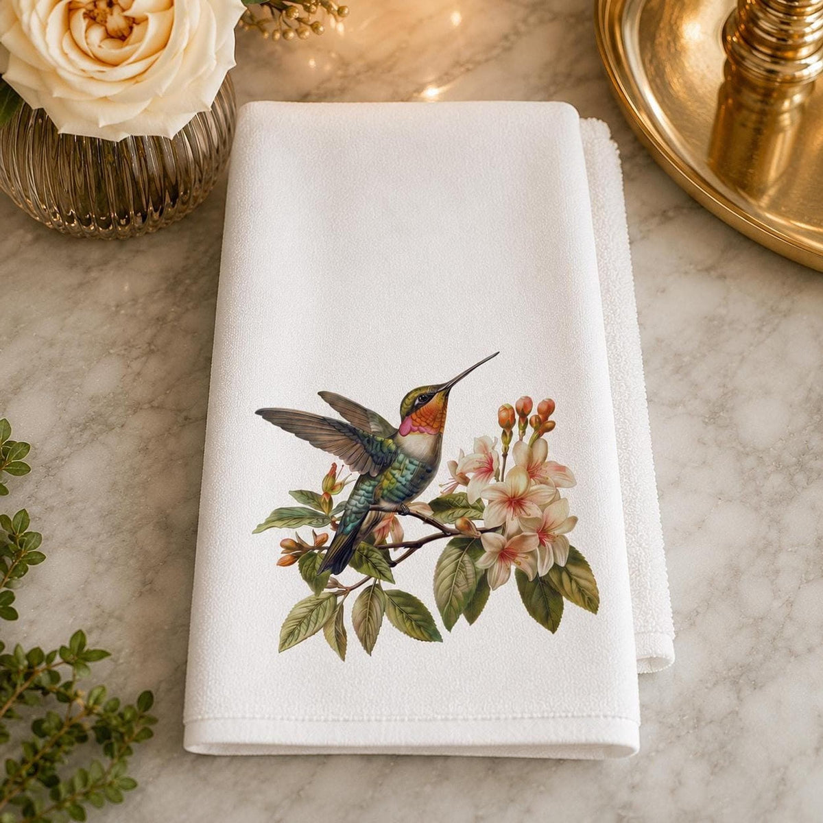 Hummingbird Fingertip Towel, Floral Guest Bath Decor, Botanical Bird Accent, Nature Lover Gift