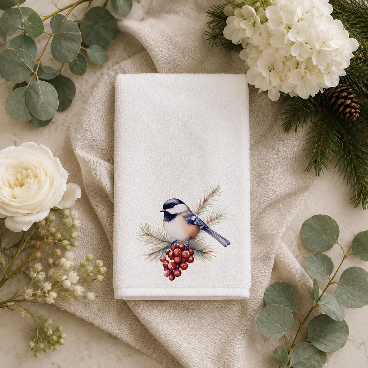 Fingertip Towel, Chickadee Winter Berry Design, 11 x 18 Inch Powder Room Decor
