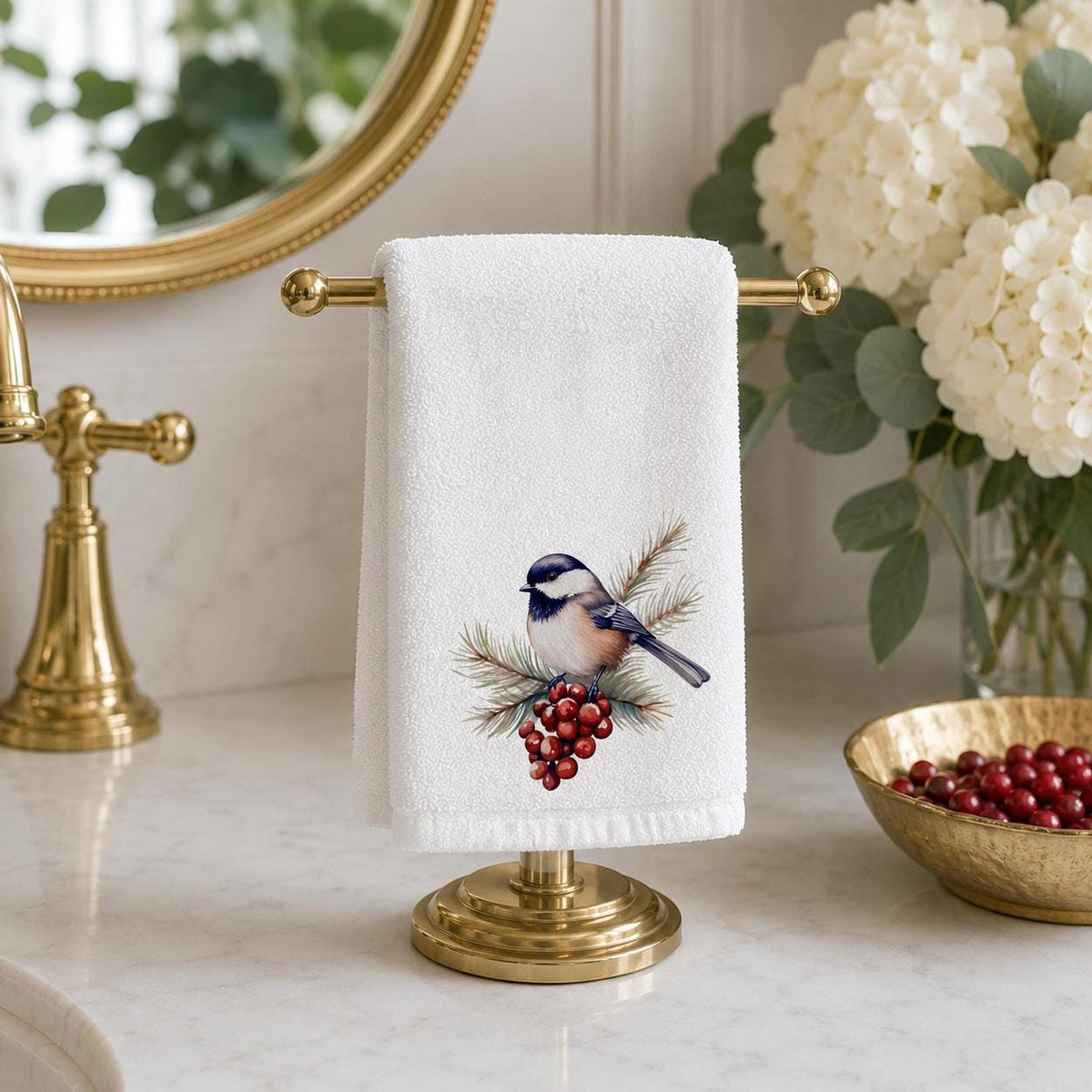 Fingertip Towel, Chickadee Winter Berry Design, 11 x 18 Inch Powder Room Decor