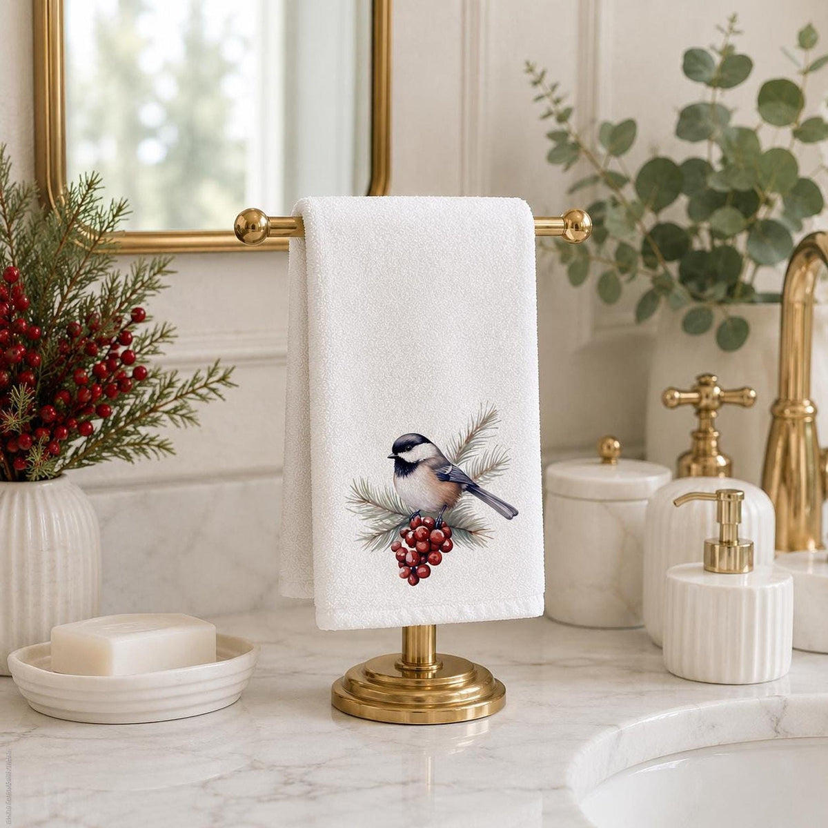 Fingertip Towel, Chickadee Winter Berry Design, 11 x 18 Inch Powder Room Decor
