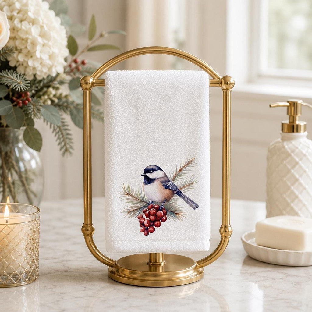 Fingertip Towel, Chickadee Winter Berry Design, 11 x 18 Inch Powder Room Decor