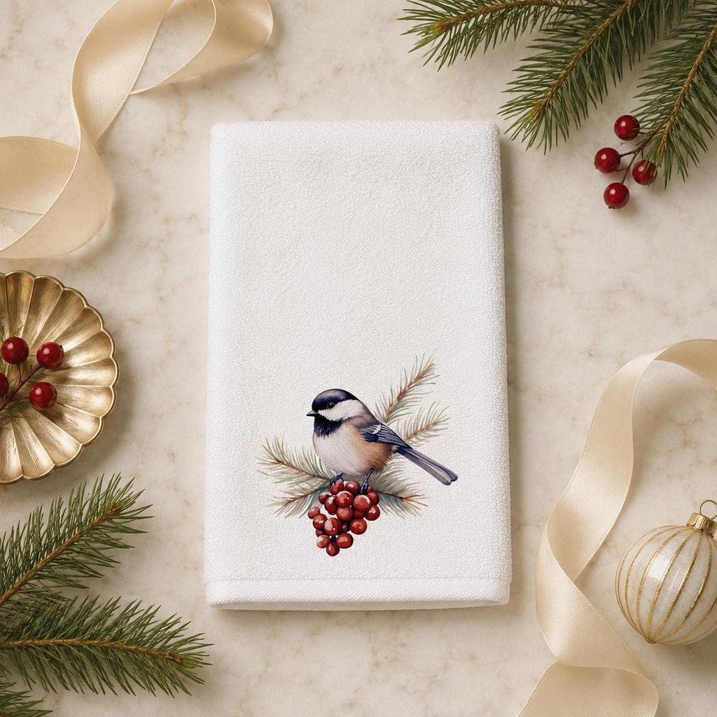 Fingertip Towel, Chickadee Winter Berry Design, 11 x 18 Inch Powder Room Decor