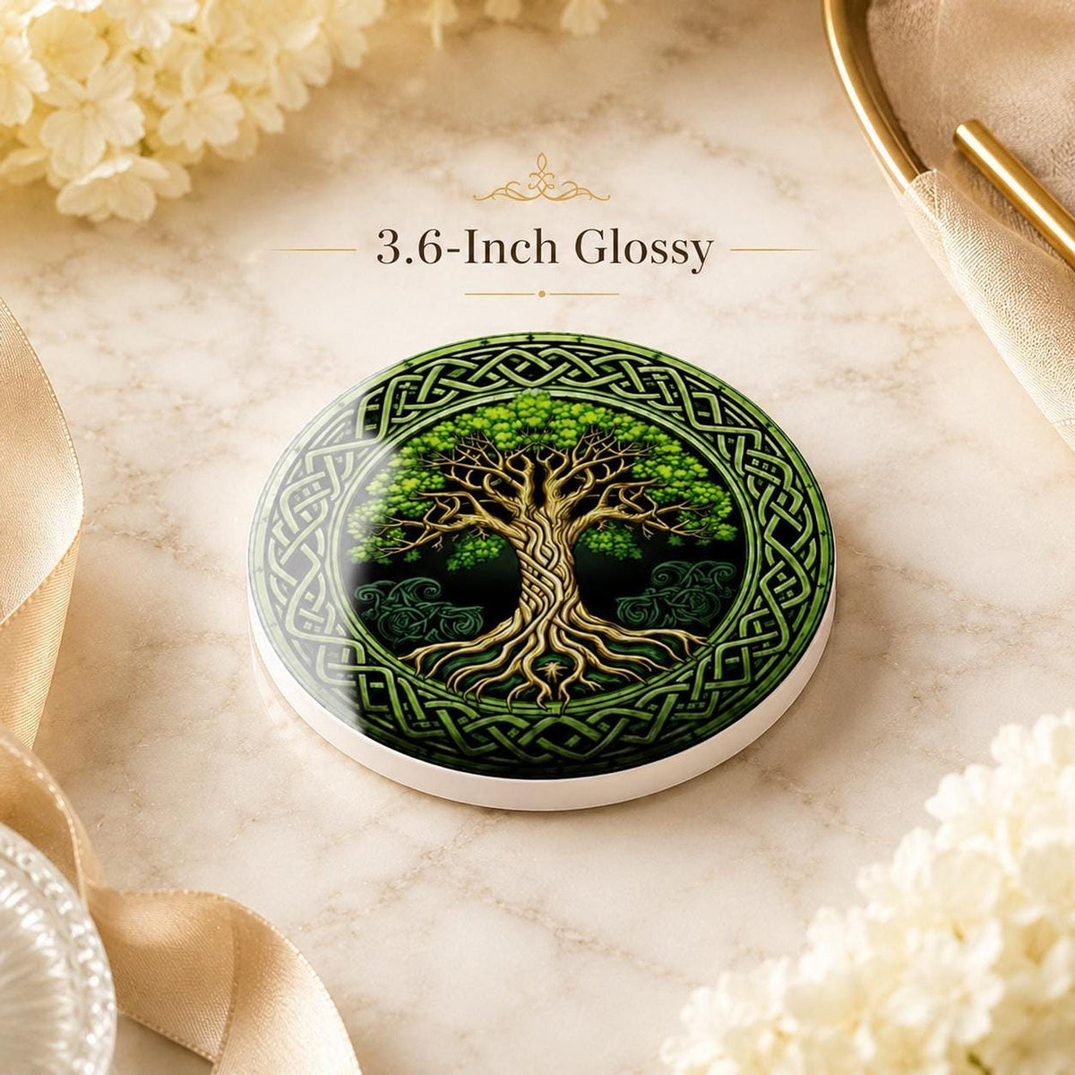 Celtic Coaster, Green Gold Ceramic Round Drink Mat