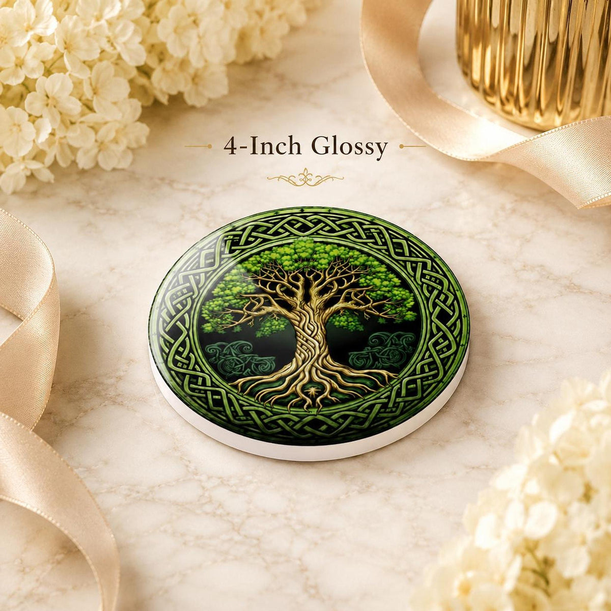Celtic Coaster, Green Gold Ceramic Round Drink Mat