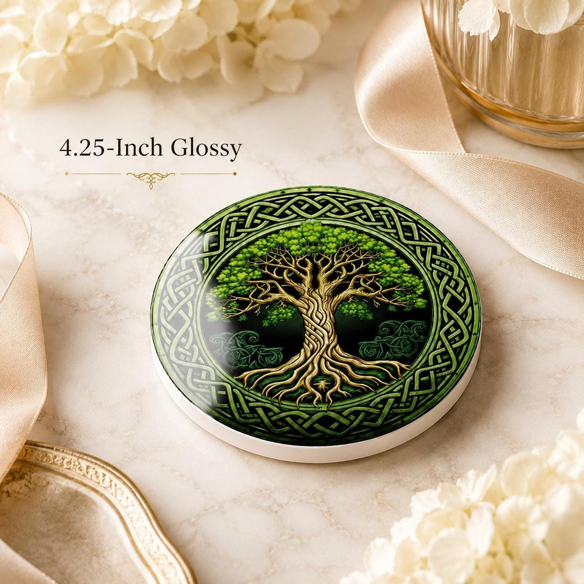 Celtic Coaster, Green Gold Ceramic Round Drink Mat