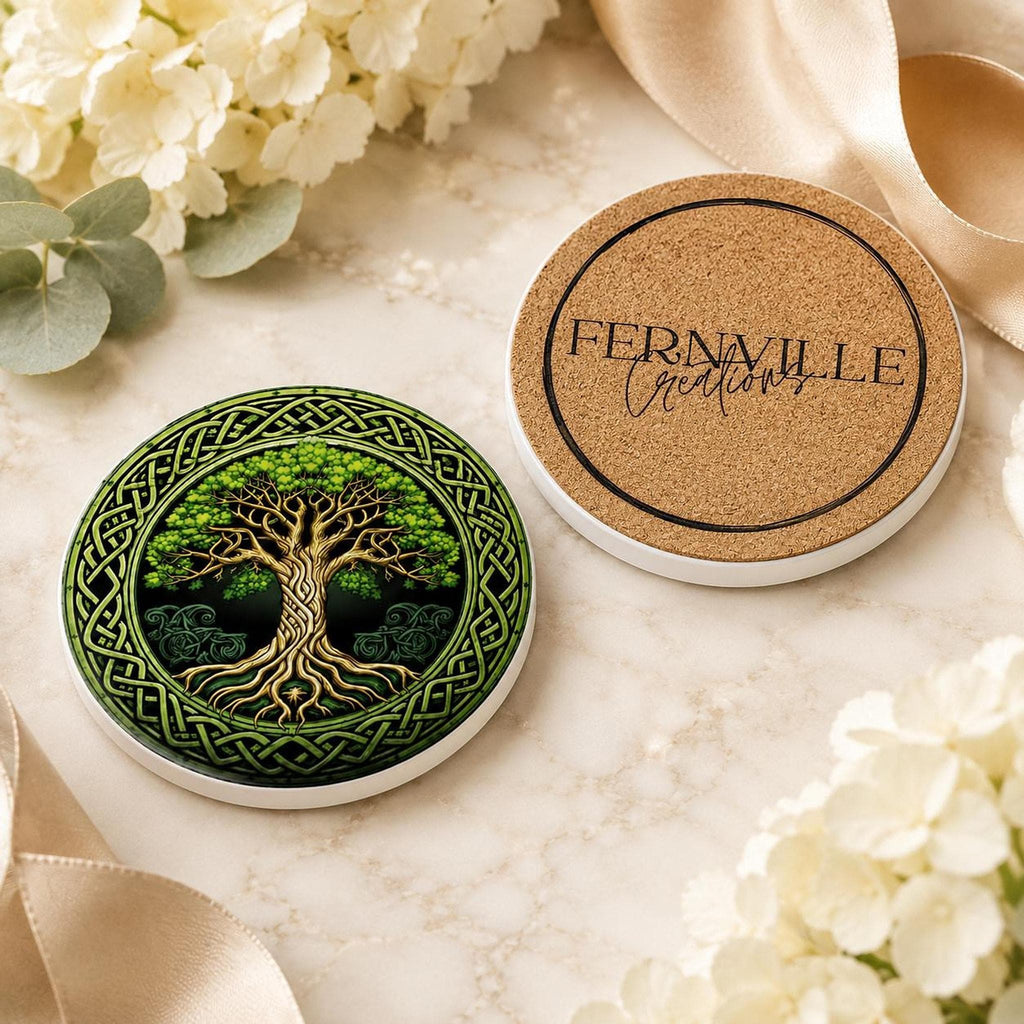 Celtic Coaster, Green Gold Ceramic Round Drink Mat