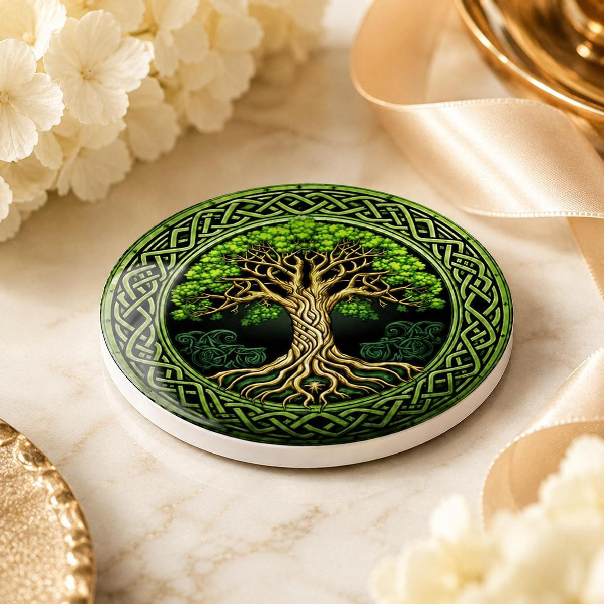 Celtic Coaster, Green Gold Ceramic Round Drink Mat