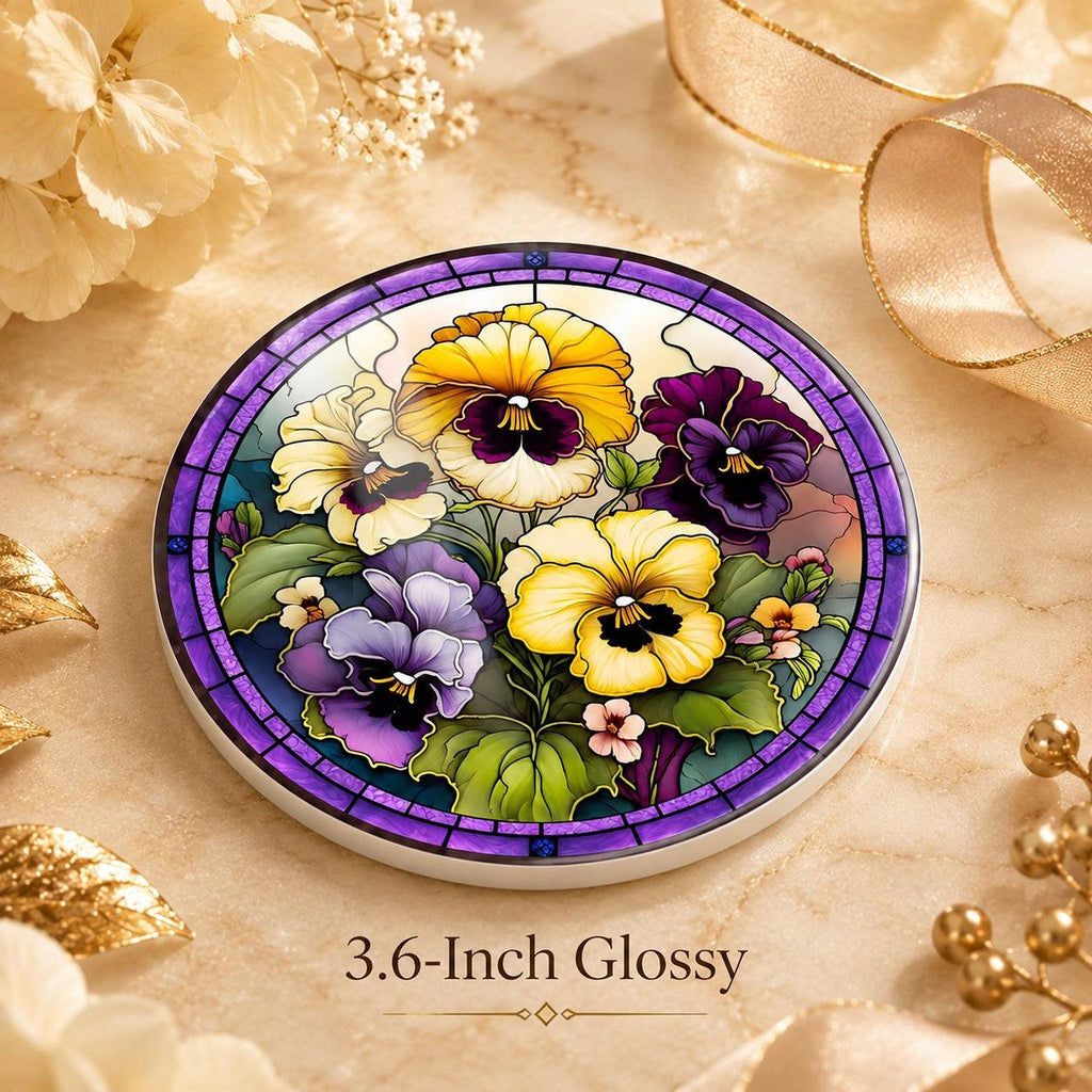 Desk Coaster, Purple Ceramic Pansy Artwork with Cork Backing
