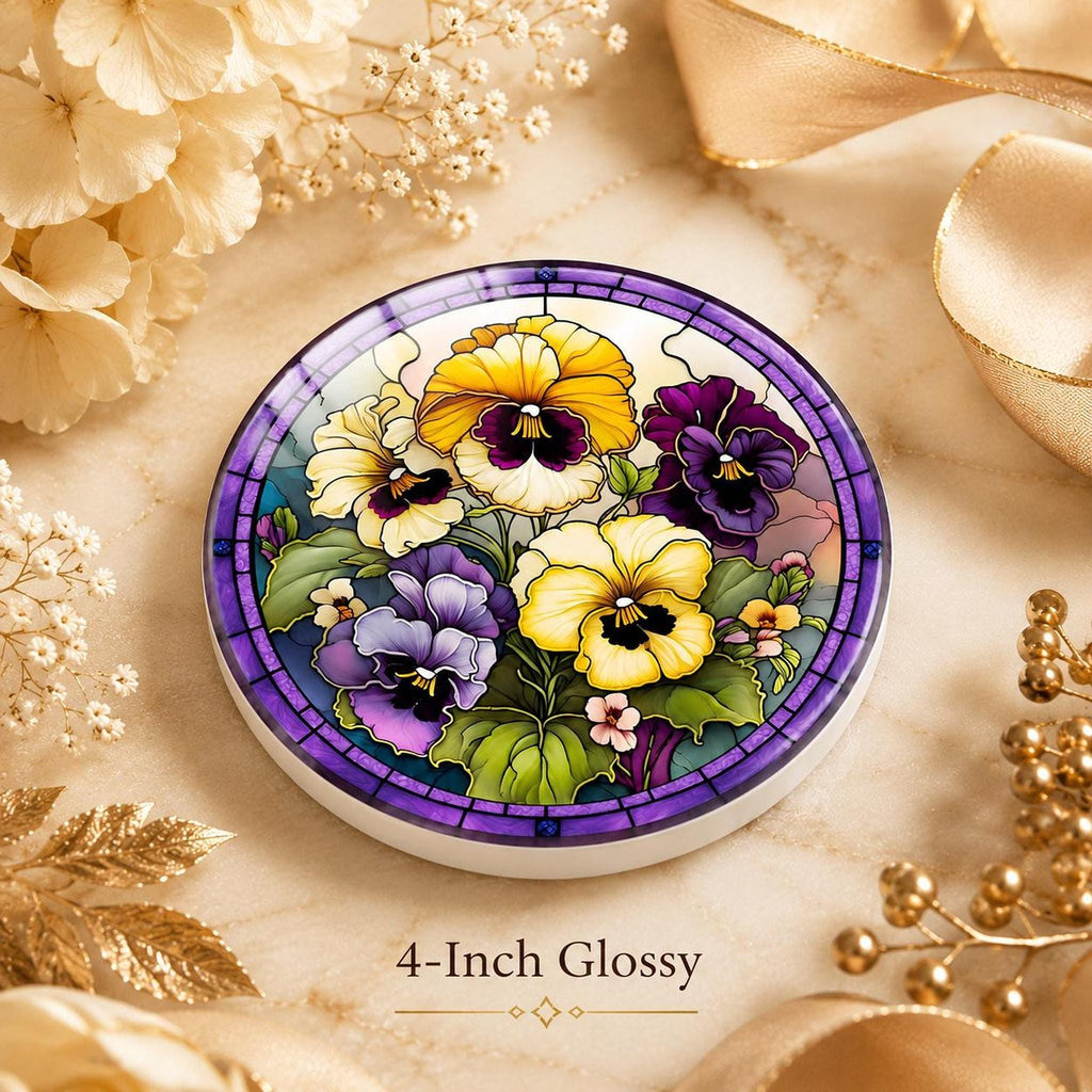 Desk Coaster, Purple Ceramic Pansy Artwork with Cork Backing
