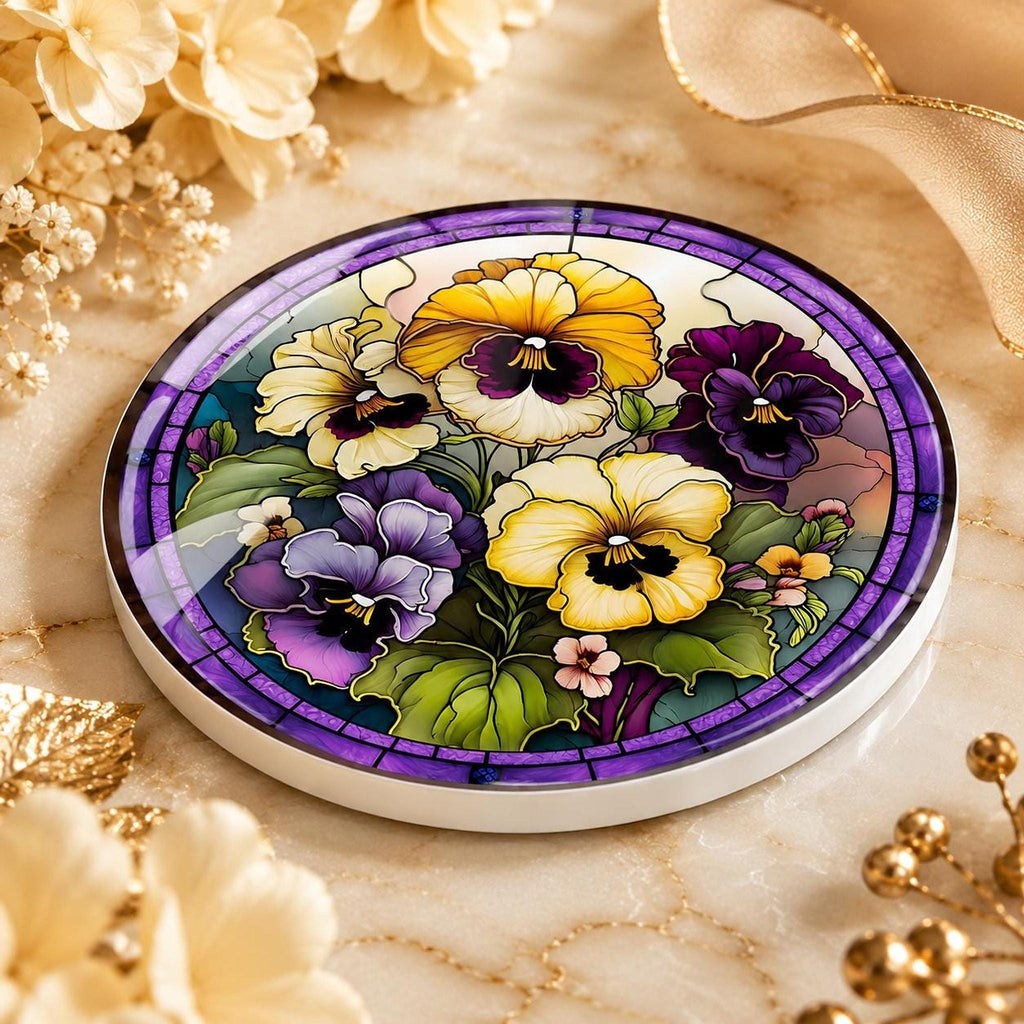 Desk Coaster, Purple Ceramic Pansy Artwork with Cork Backing
