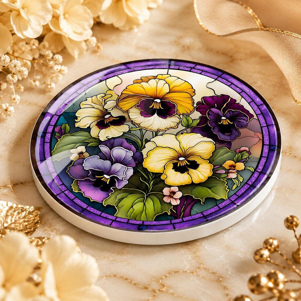 Desk Coaster, Purple Ceramic Pansy Artwork with Cork Backing