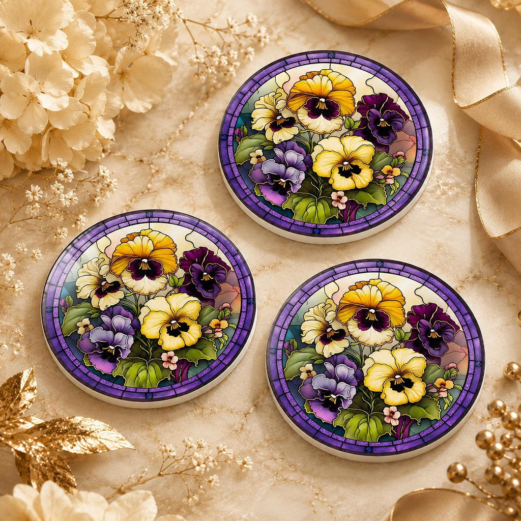 Desk Coaster, Purple Ceramic Pansy Artwork with Cork Backing