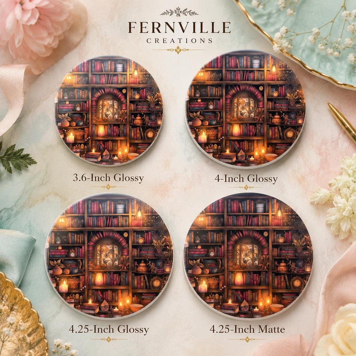 Reading Nook Accent Ceramic Coaster, Round Library Design