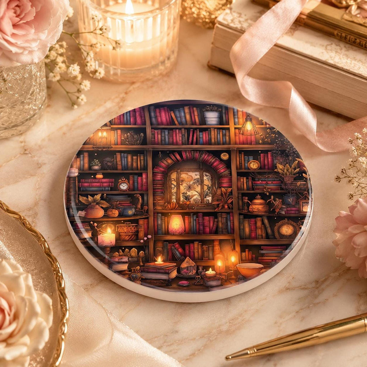 Reading Nook Accent Ceramic Coaster, Round Library Design