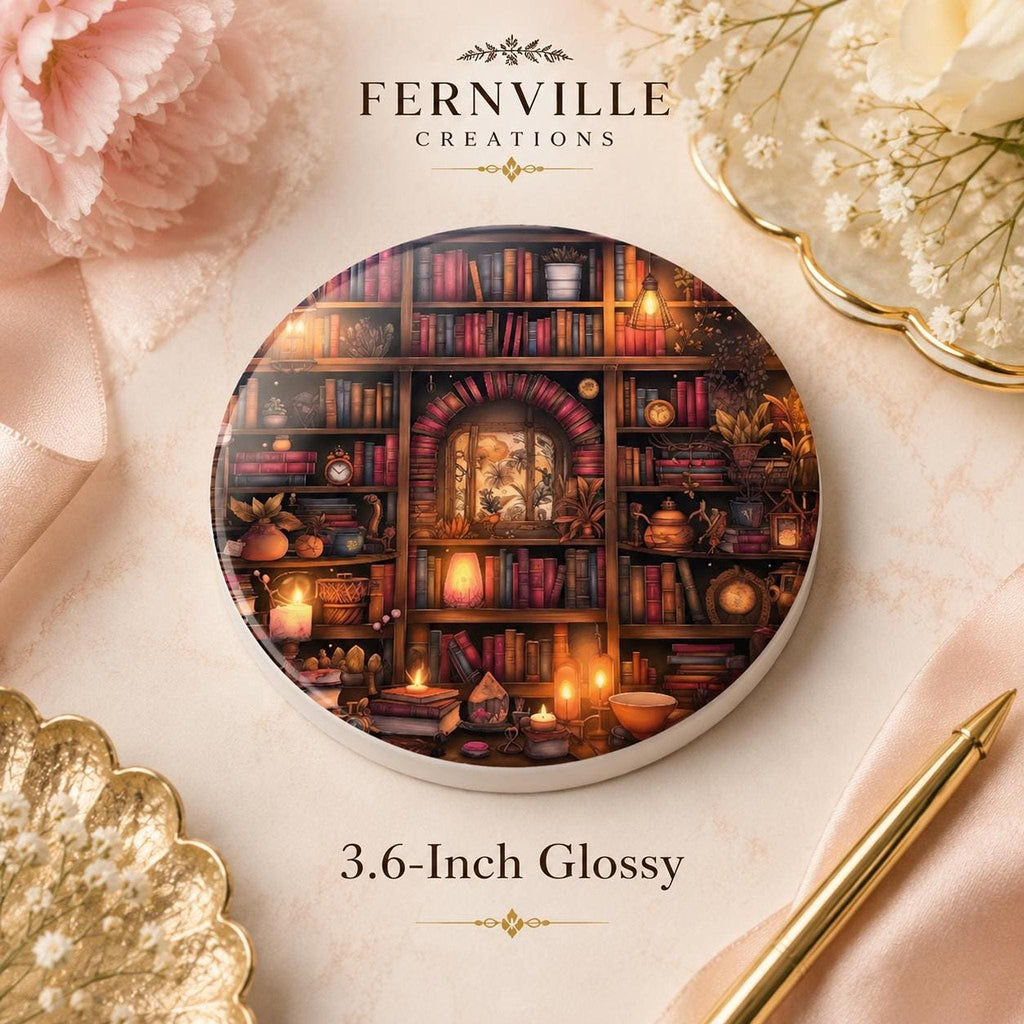 Reading Nook Accent Ceramic Coaster, Round Library Design