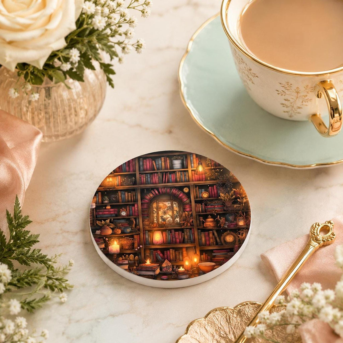 Reading Nook Accent Ceramic Coaster, Round Library Design