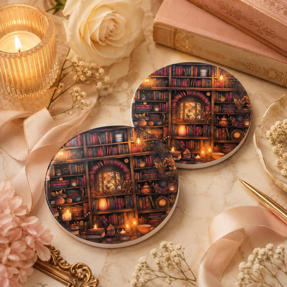 Reading Nook Accent Ceramic Coaster, Round Library Design