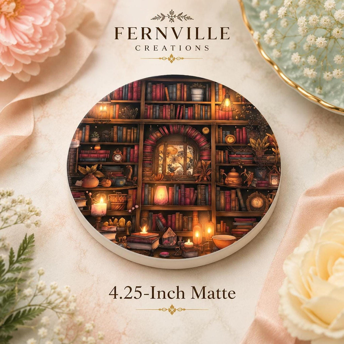 Reading Nook Accent Ceramic Coaster, Round Library Design