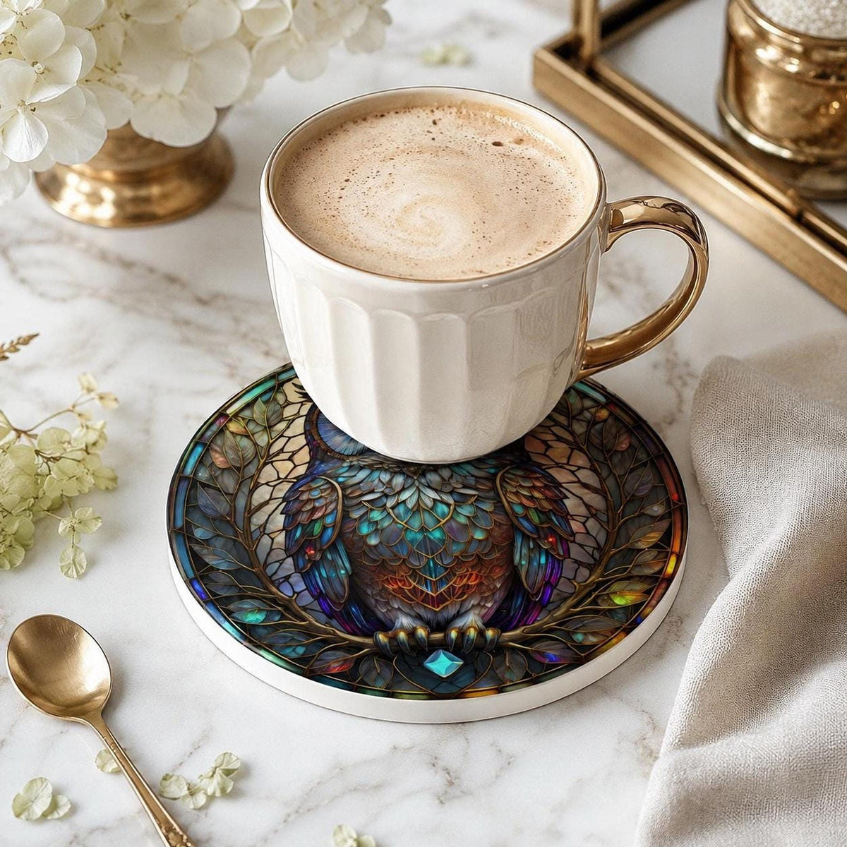 Desk Drink Coaster, Jewel-Toned Ceramic Owl Design with Cork Backing