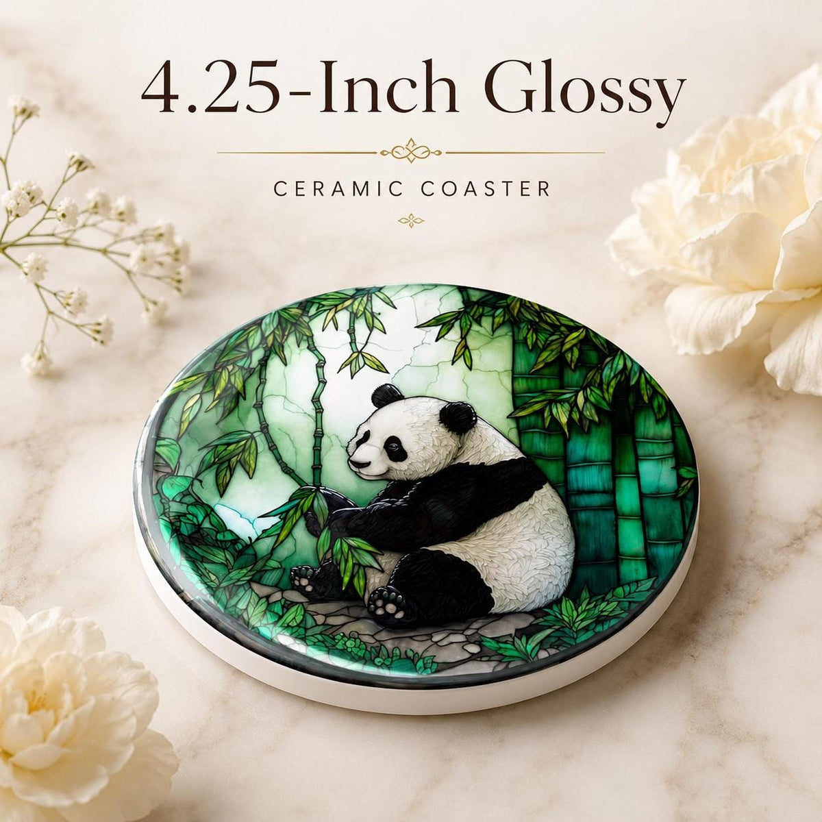 Panda Coaster, Round Ceramic Drink Mat with Bamboo Artwork