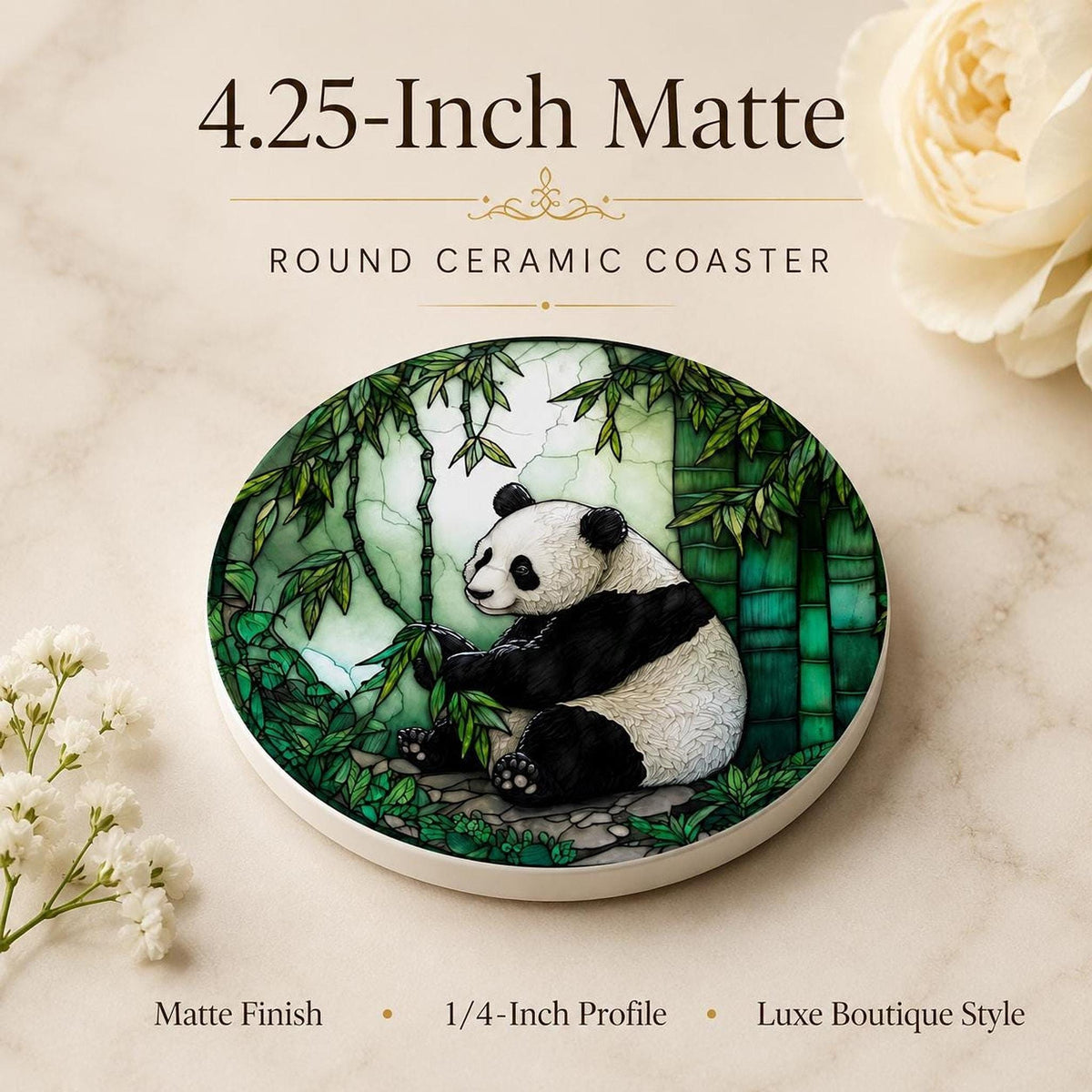 Panda Coaster, Round Ceramic Drink Mat with Bamboo Artwork