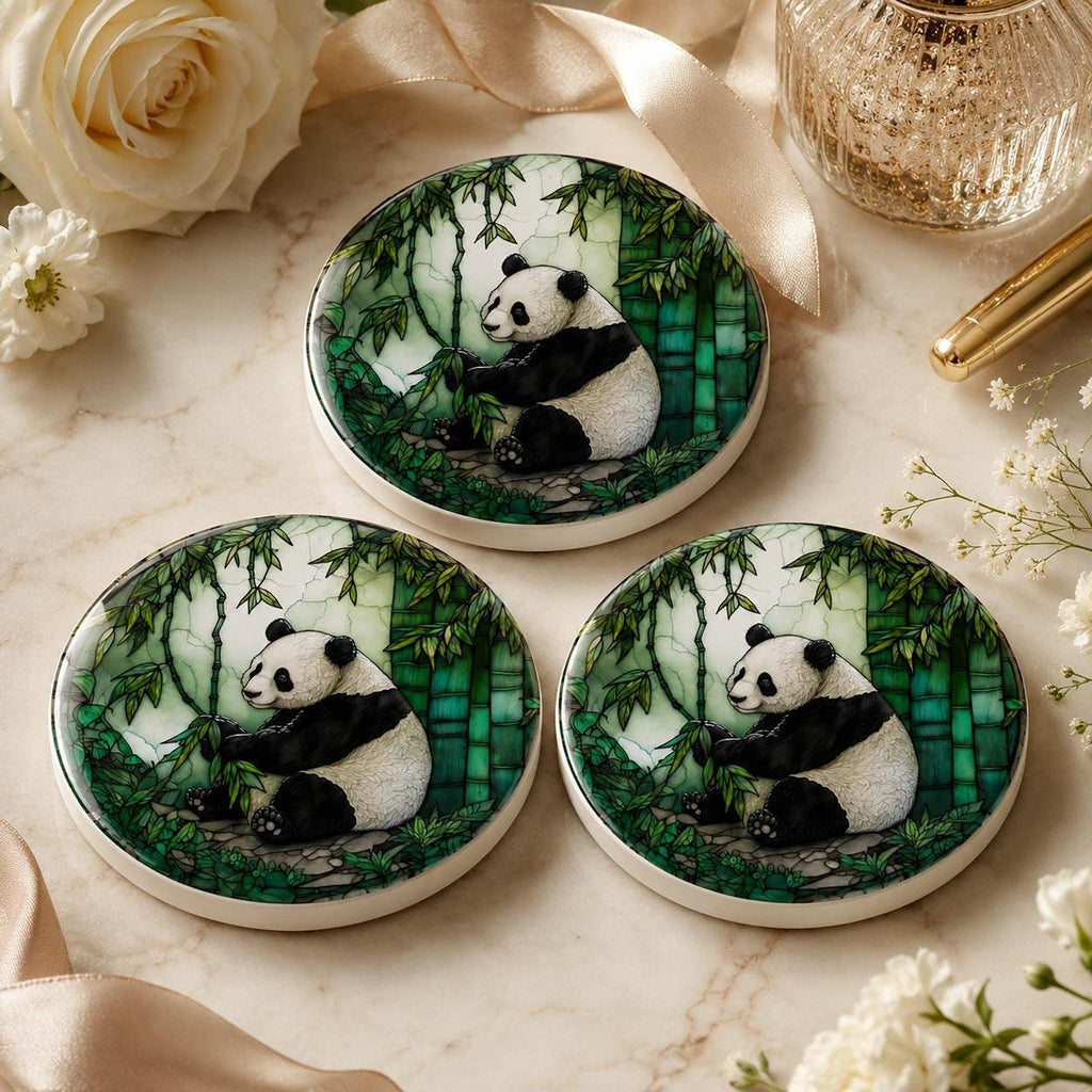 Panda Coaster, Round Ceramic Drink Mat with Bamboo Artwork