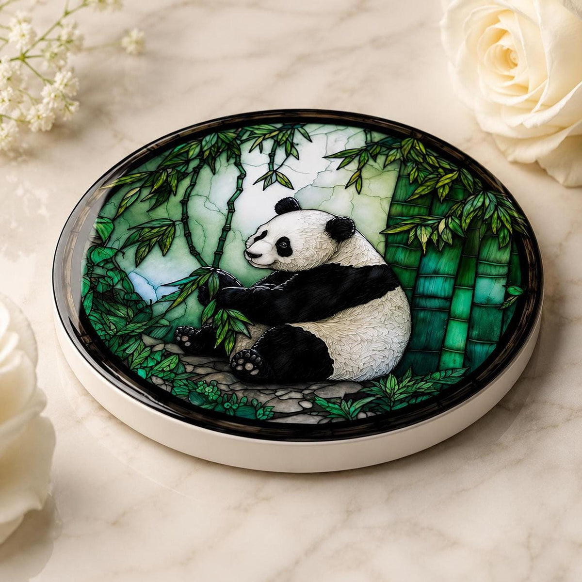 Panda Coaster, Round Ceramic Drink Mat with Bamboo Artwork