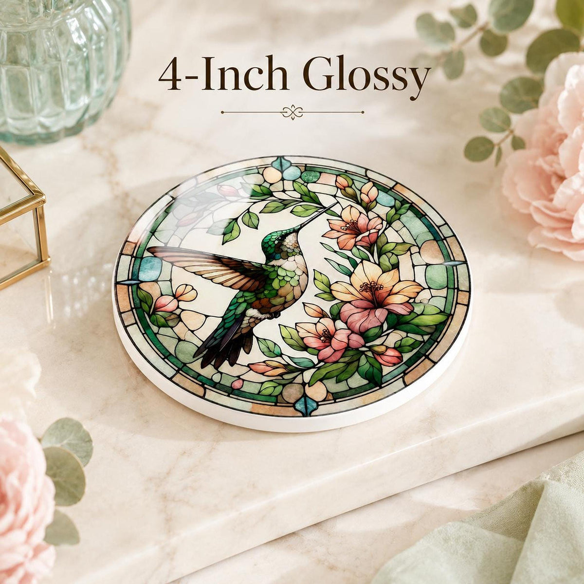 Garden Table Decor Hummingbird Ceramic Coaster, Floral Bird Artwork
