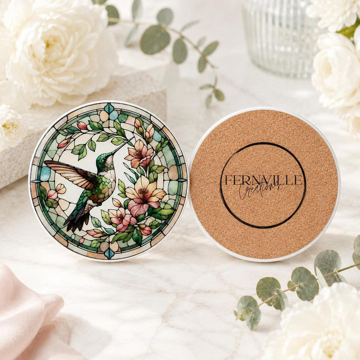 Garden Table Decor Hummingbird Ceramic Coaster, Floral Bird Artwork
