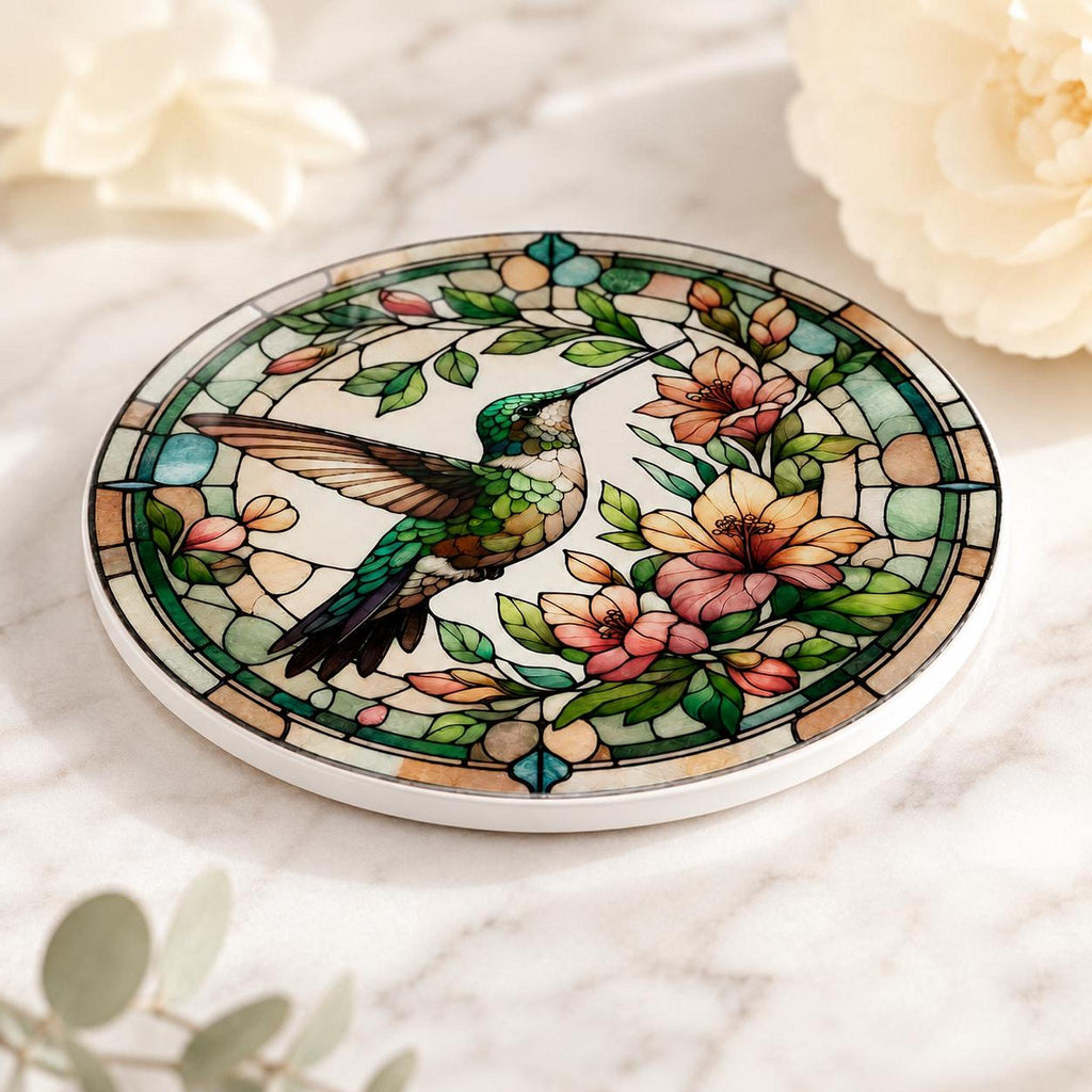 Garden Table Decor Hummingbird Ceramic Coaster, Floral Bird Artwork