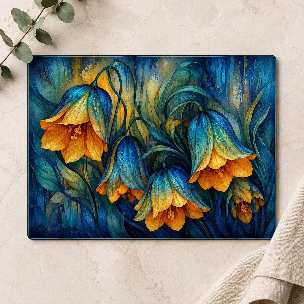 Glass Cutting Board, Moody Floral Tempered Surface, Blue And Gold Botanical Decor
