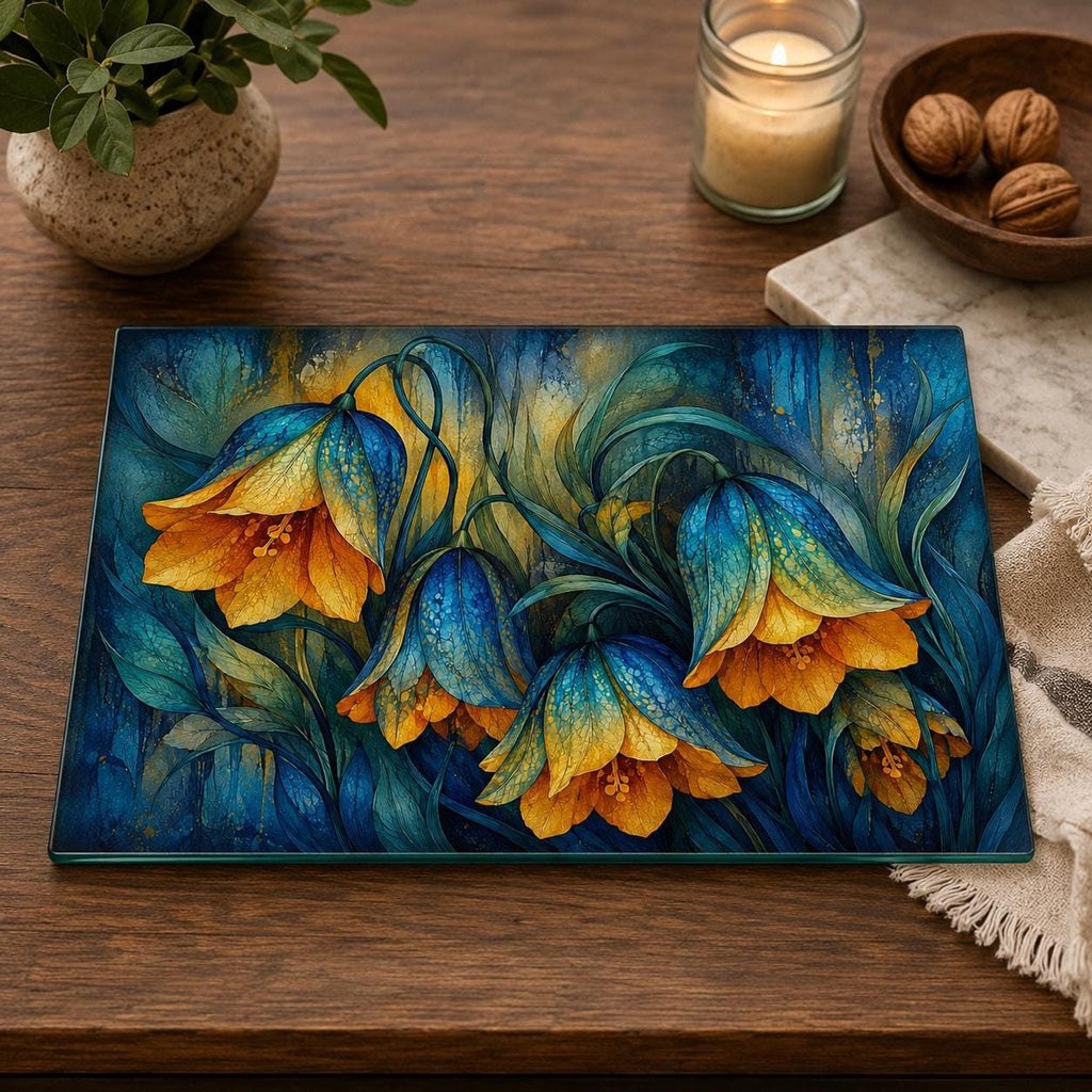 Glass Cutting Board, Moody Floral Tempered Surface, Blue And Gold Botanical Decor