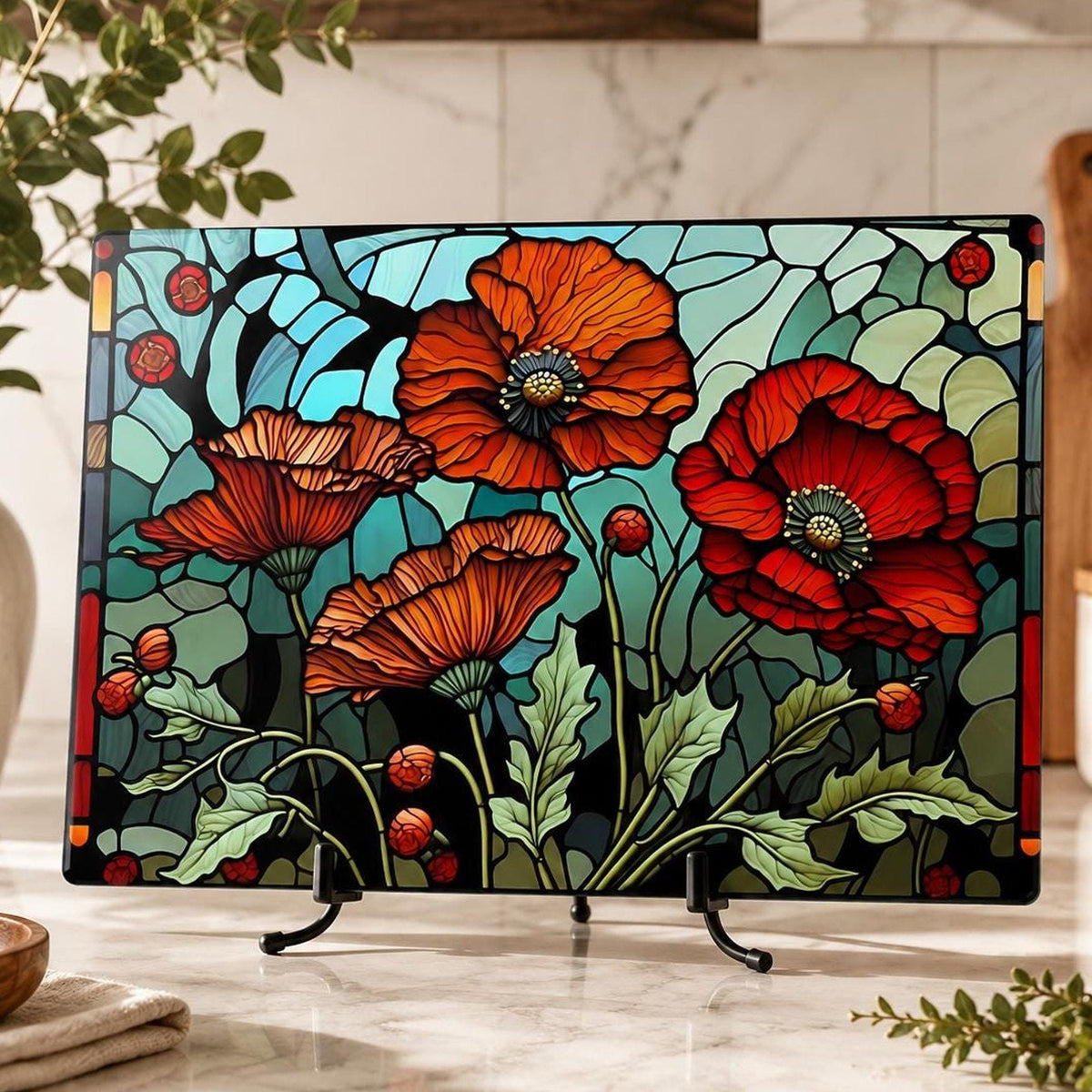 Glass Cutting Board, Poppy Floral Artwork with Two Sizes