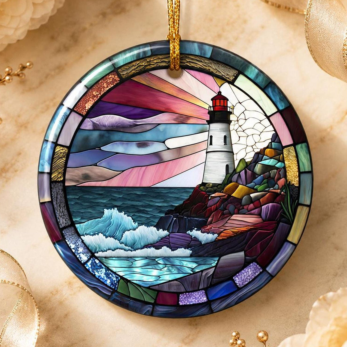 Lighthouse Ornament, Round Ceramic Keepsake with Coastal Scene