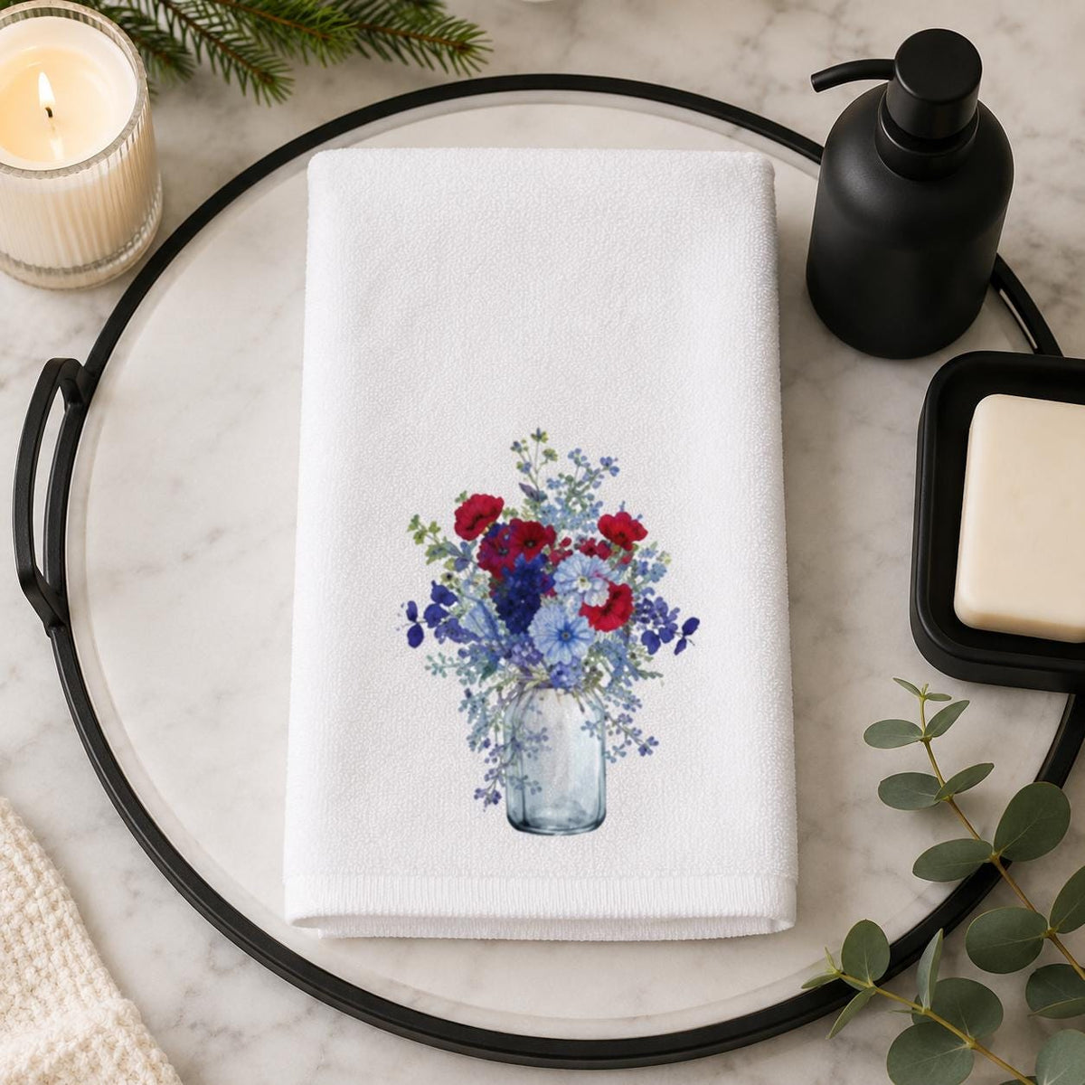 Red Blue Floral Hand Towel, Mason Jar Bouquet, Botanical Bathroom Decor, Patriotic Guest Gift