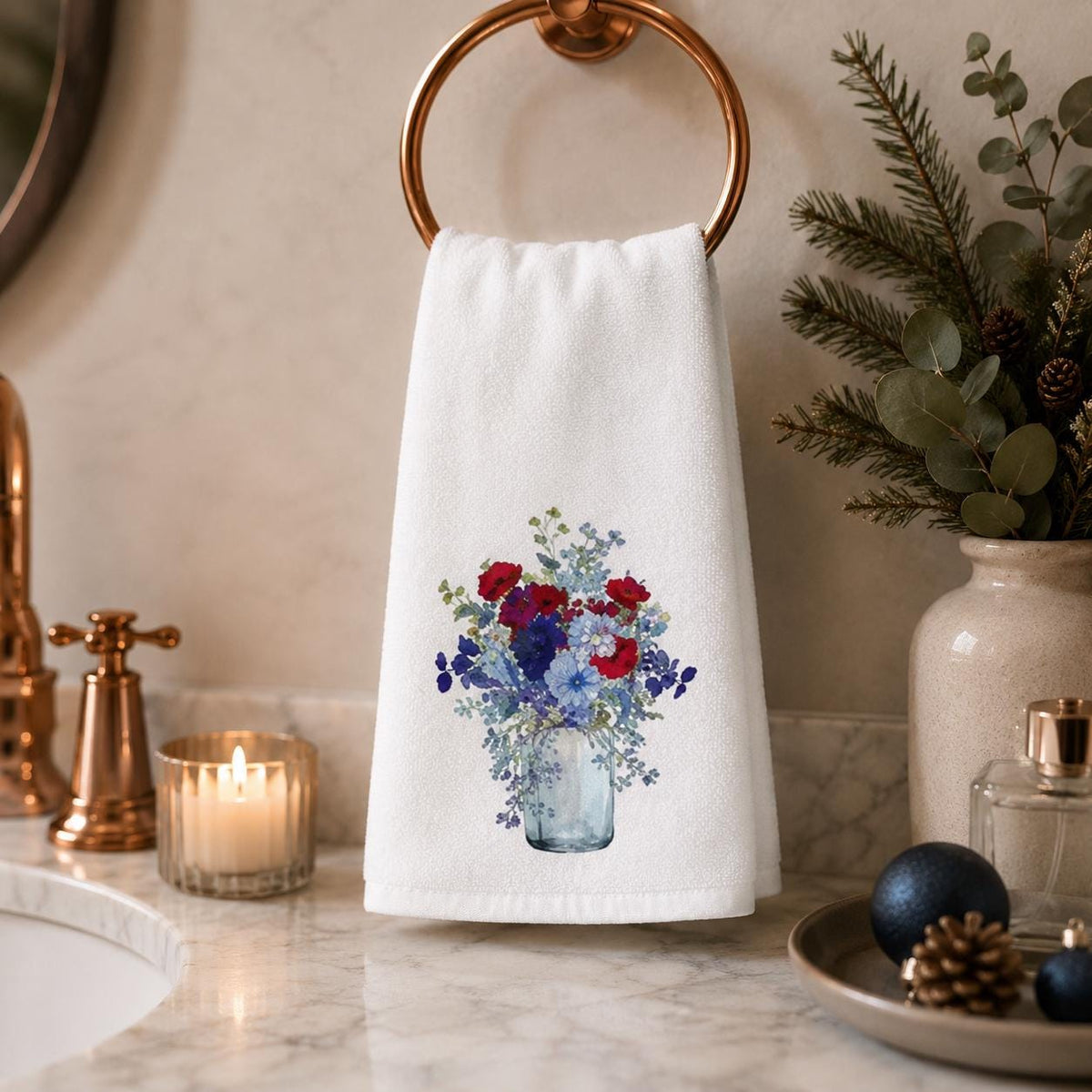 Red Blue Floral Hand Towel, Mason Jar Bouquet, Botanical Bathroom Decor, Patriotic Guest Gift