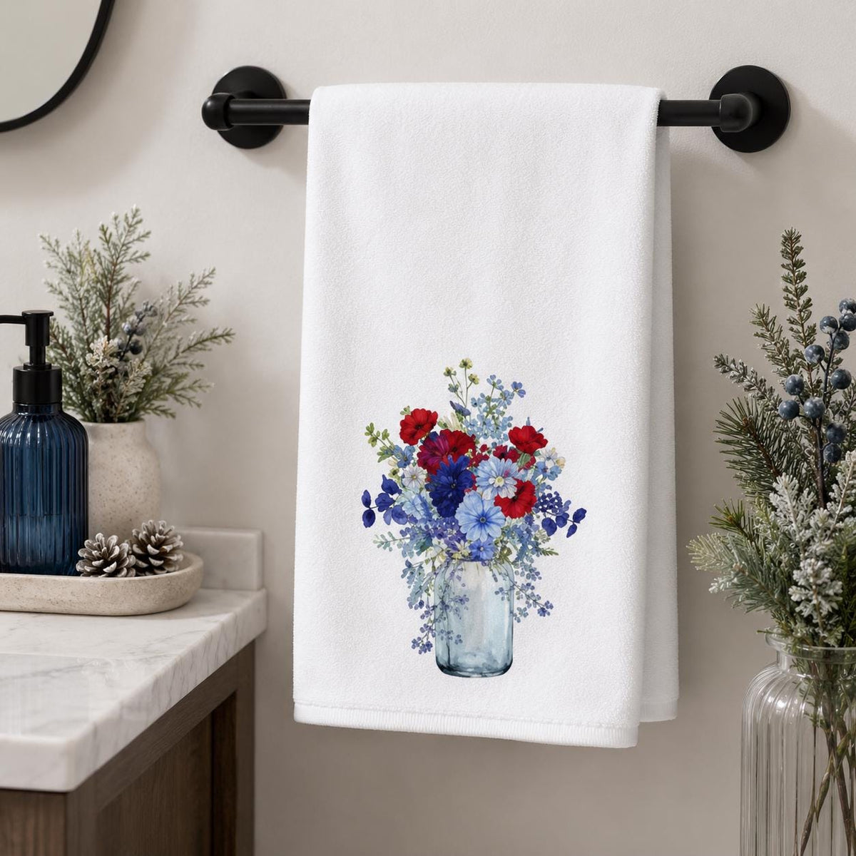Red Blue Floral Hand Towel, Mason Jar Bouquet, Botanical Bathroom Decor, Patriotic Guest Gift